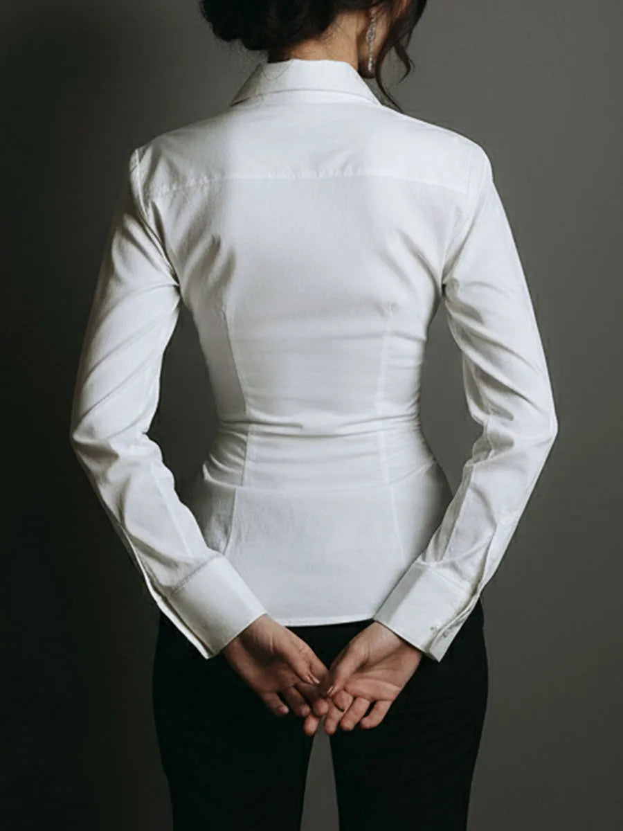 Chic White Ruched Button-Down Corset Blouse
