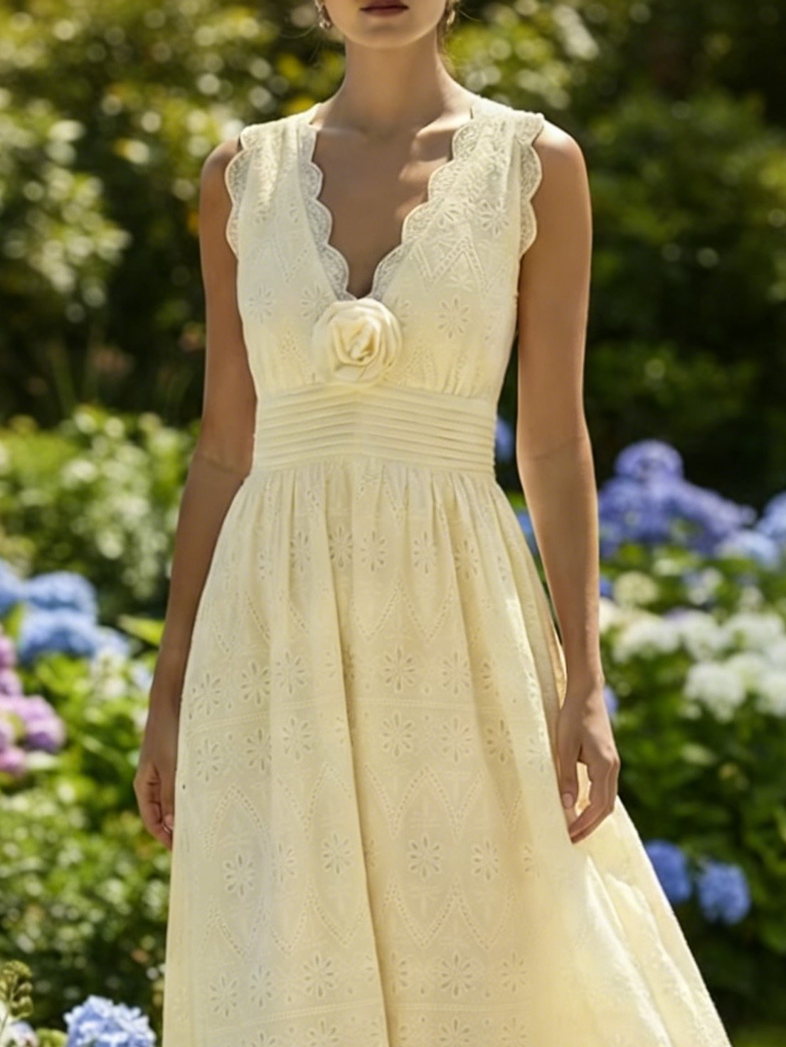 Maxi Cotton Dress, Sleeveless, V Neck, Plain, Lace, Vintage, White