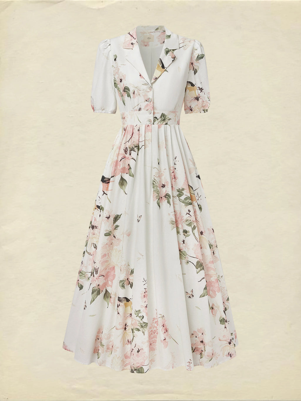 Linen Maxi Dress, Balloon Sleeve, Shawl Collar, Floral, Vintage, White