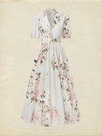Linen Maxi Dress, Balloon Sleeve, Shawl Collar, Floral, Vintage, White