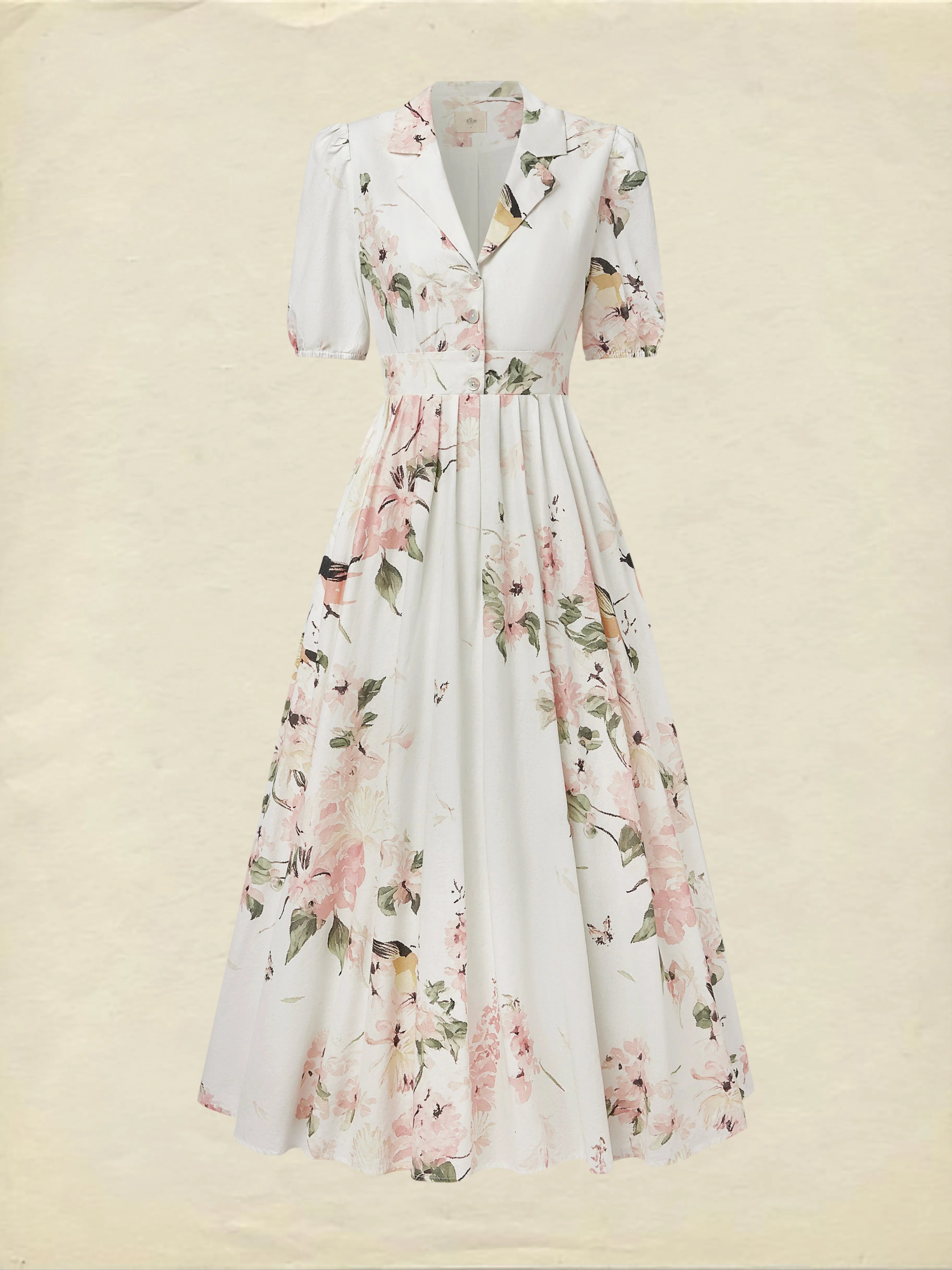 Linen Maxi Dress, Balloon Sleeve, Shawl Collar, Floral, Vintage, White