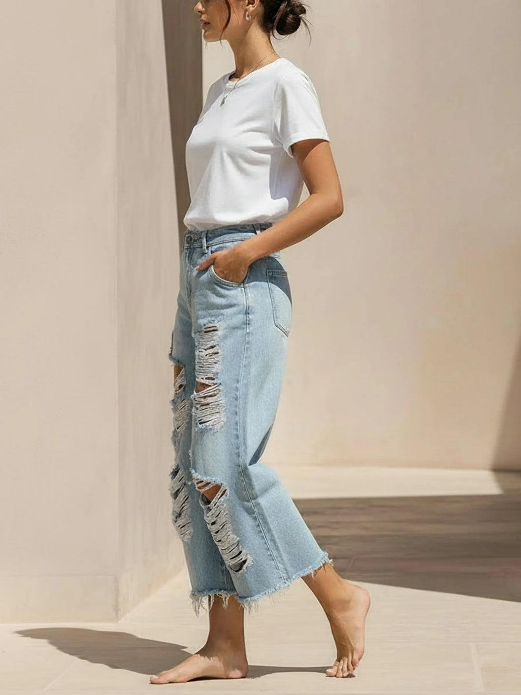 Distressed High-Waisted Denim Culottes