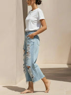 Distressed High-Waisted Denim Culottes