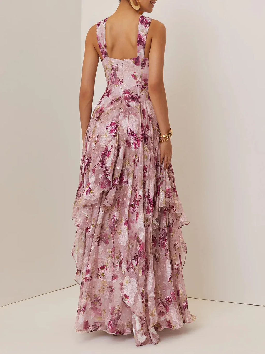 Pink Floral Jacquard Chiffon Sweetheart Neckline Sleeveless A-Line Floor-length Gown Dress