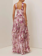 Pink Floral Jacquard Chiffon Sweetheart Neckline Sleeveless A-Line Floor-length Gown Dress