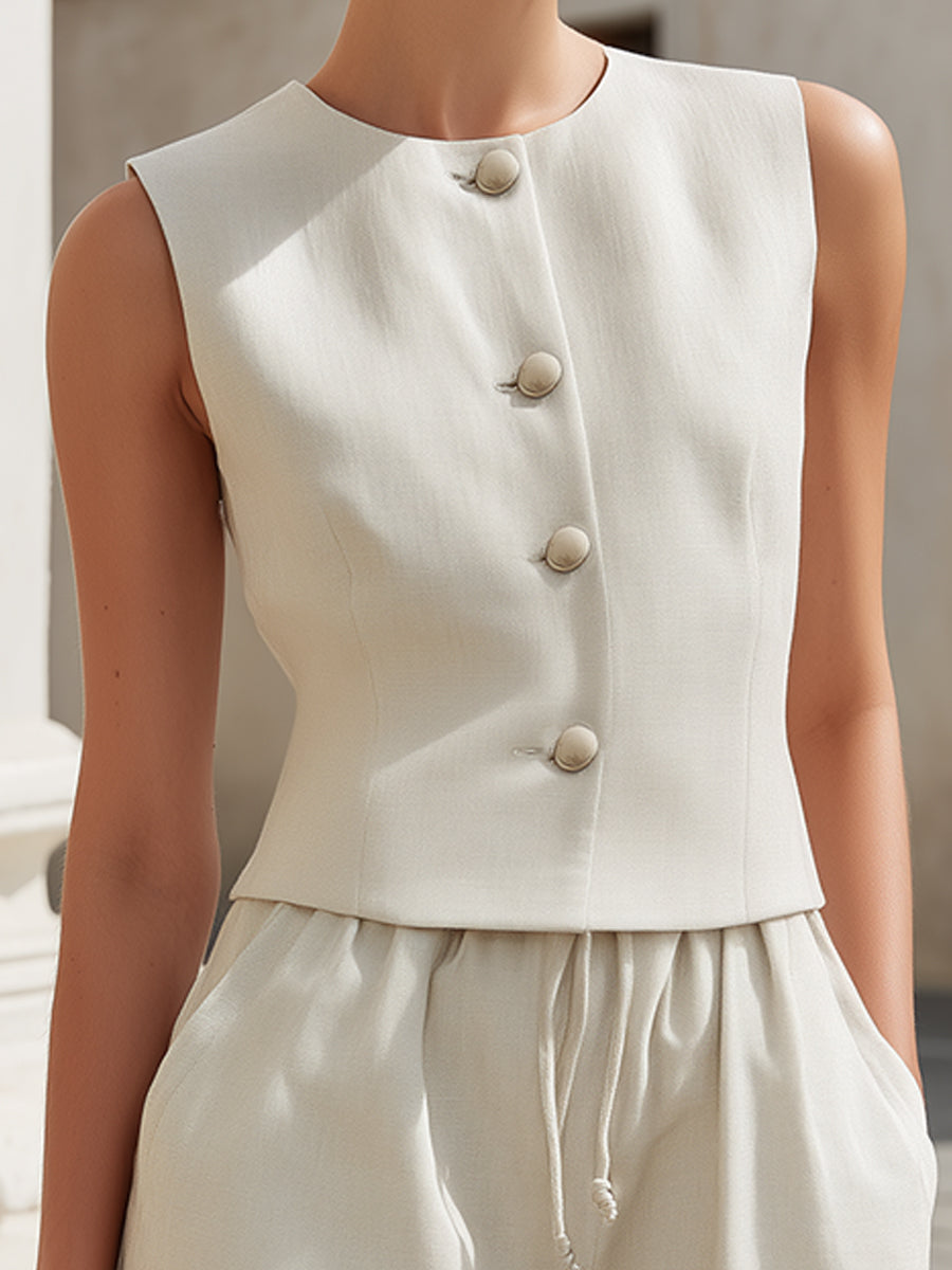 Tailored Vest & Drawstring Shorts Linen-Blend Two-Piece Set