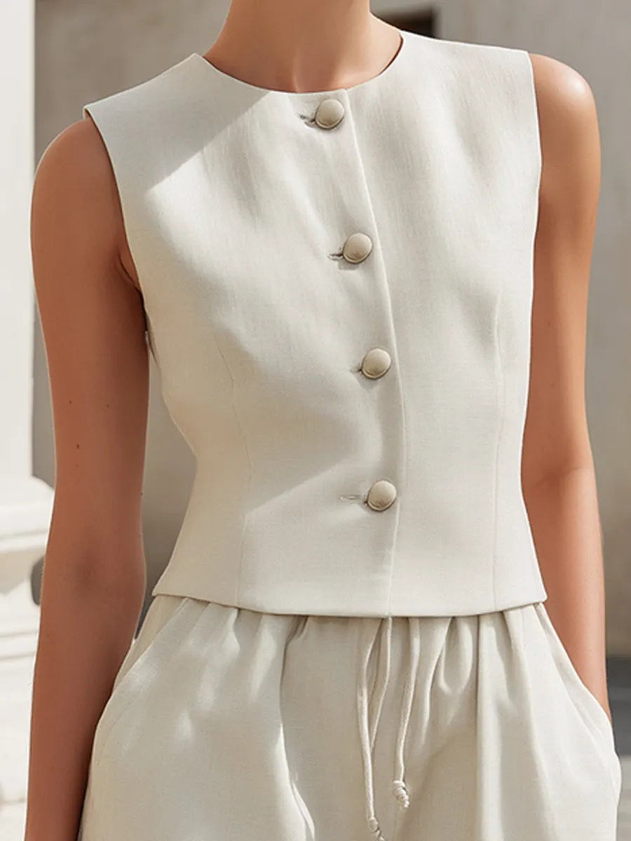 Tailored Vest & Drawstring Shorts Linen-Blend Two-Piece Set