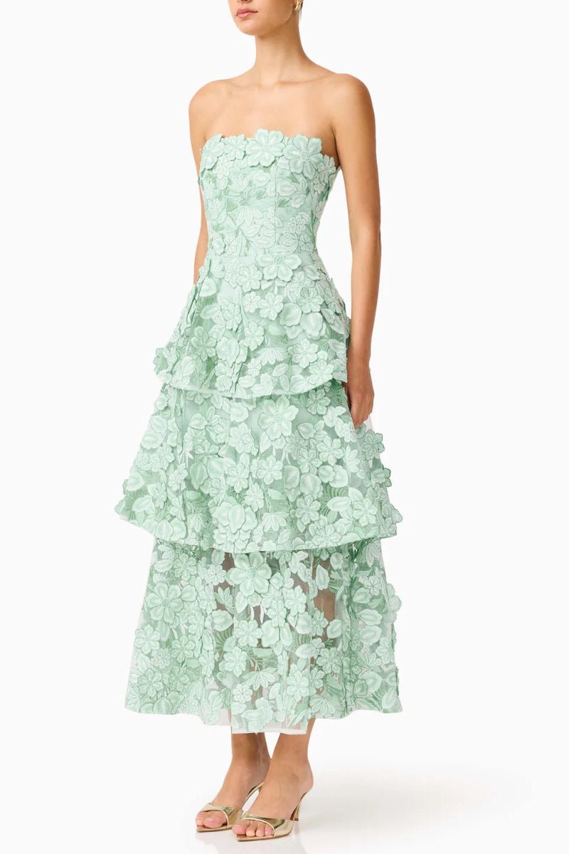 Strapless 3D Floral Tiered Midi Dress