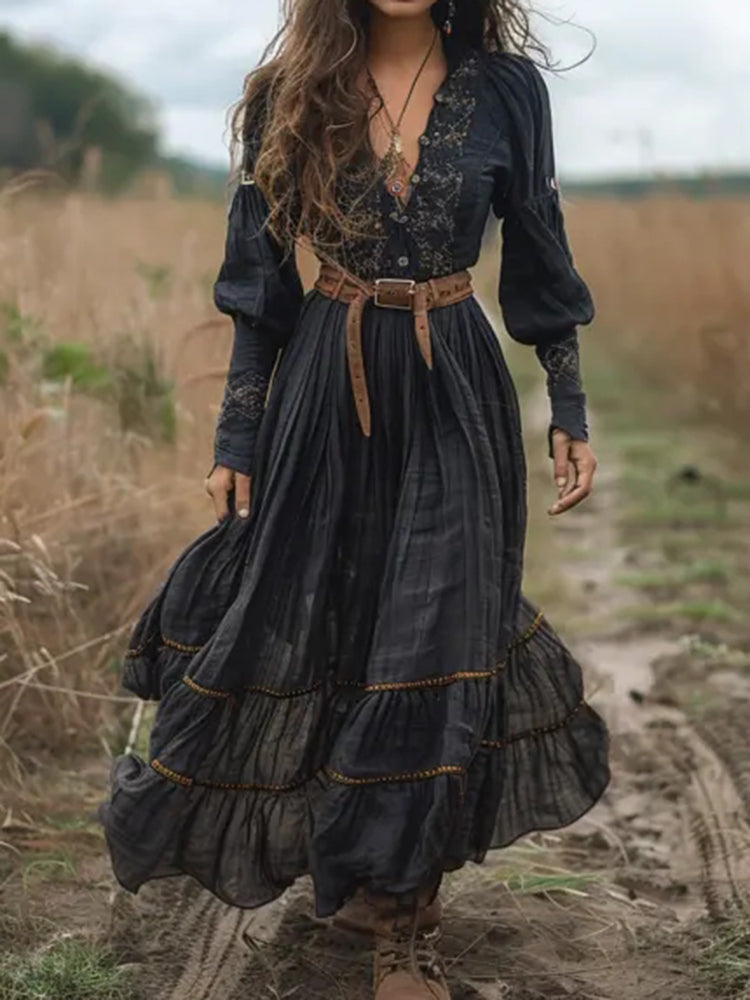 Vintage V-Neck Linen Women's Long-Sleeved Country Concert Dress 9954