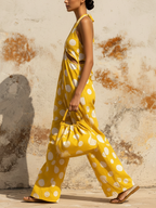 Yellow Polka Dot Halter Wide-Leg Jumpsuit