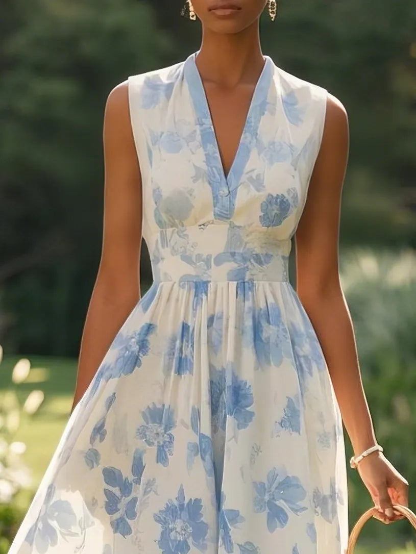 Light Blue Chiffon Floral V Neck Sleeveless A-Line Maxi Dress