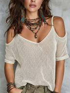 Relaxed Statement Sheer Mesh Off-Shoulder Top