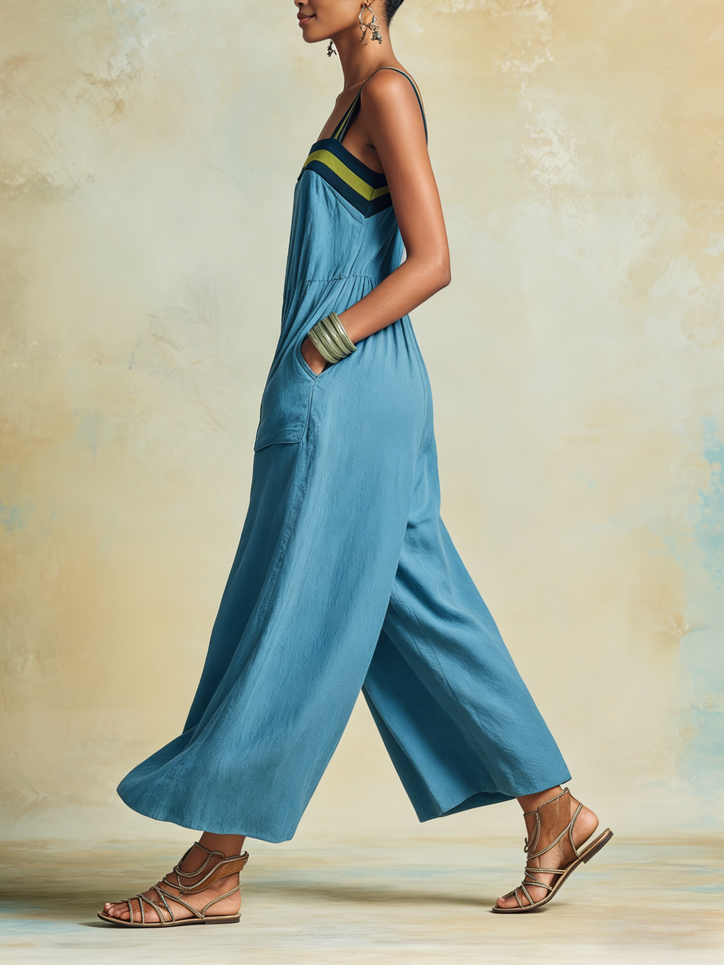 Airy Wide-Leg Tencel Jumpsuit – Bold Color-Block Trim