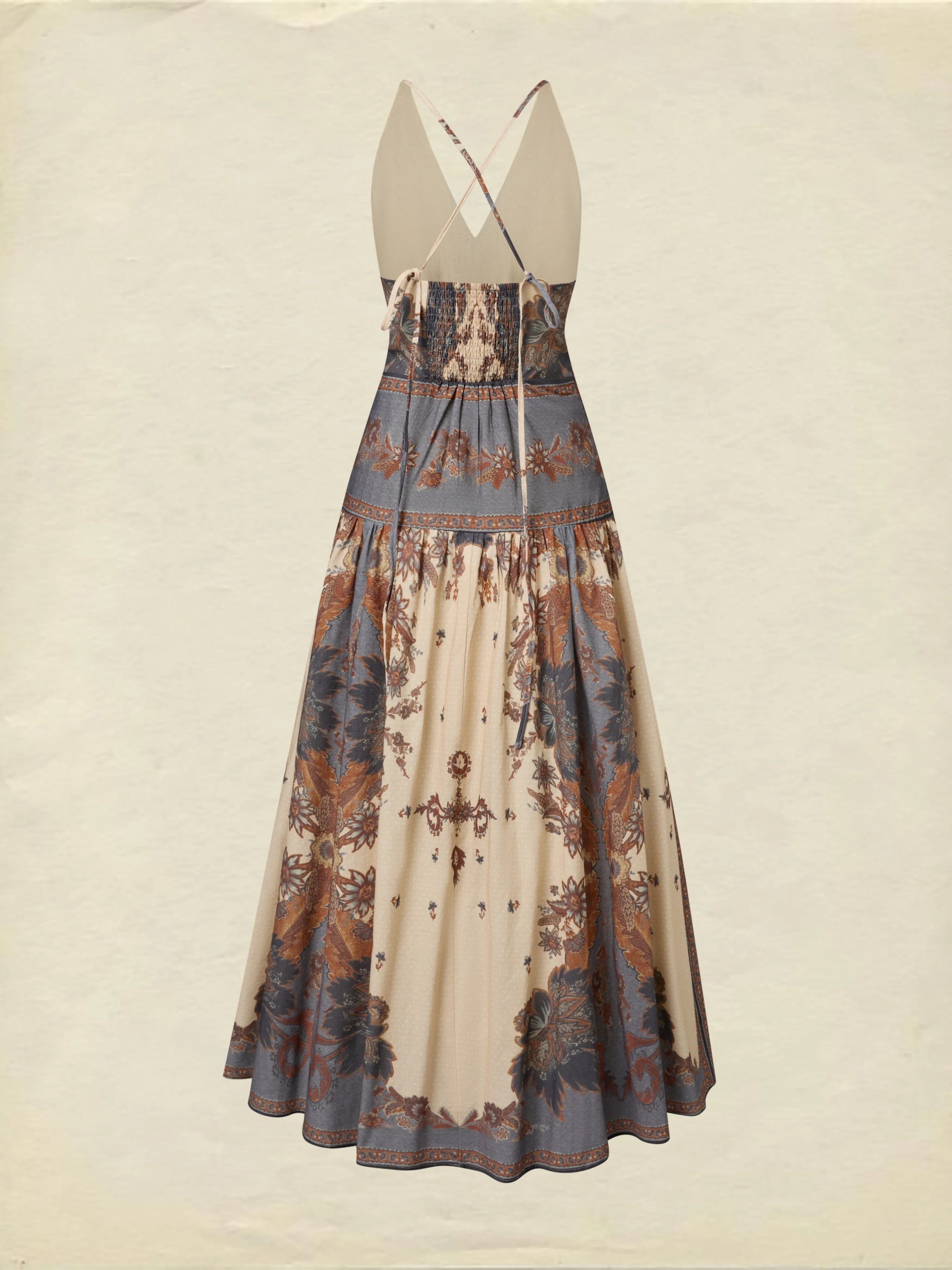 Maxi Cotton Dress, Sleeveless, V Neck, Floral, Belt Design, Vacation, Vintage, Apricot
