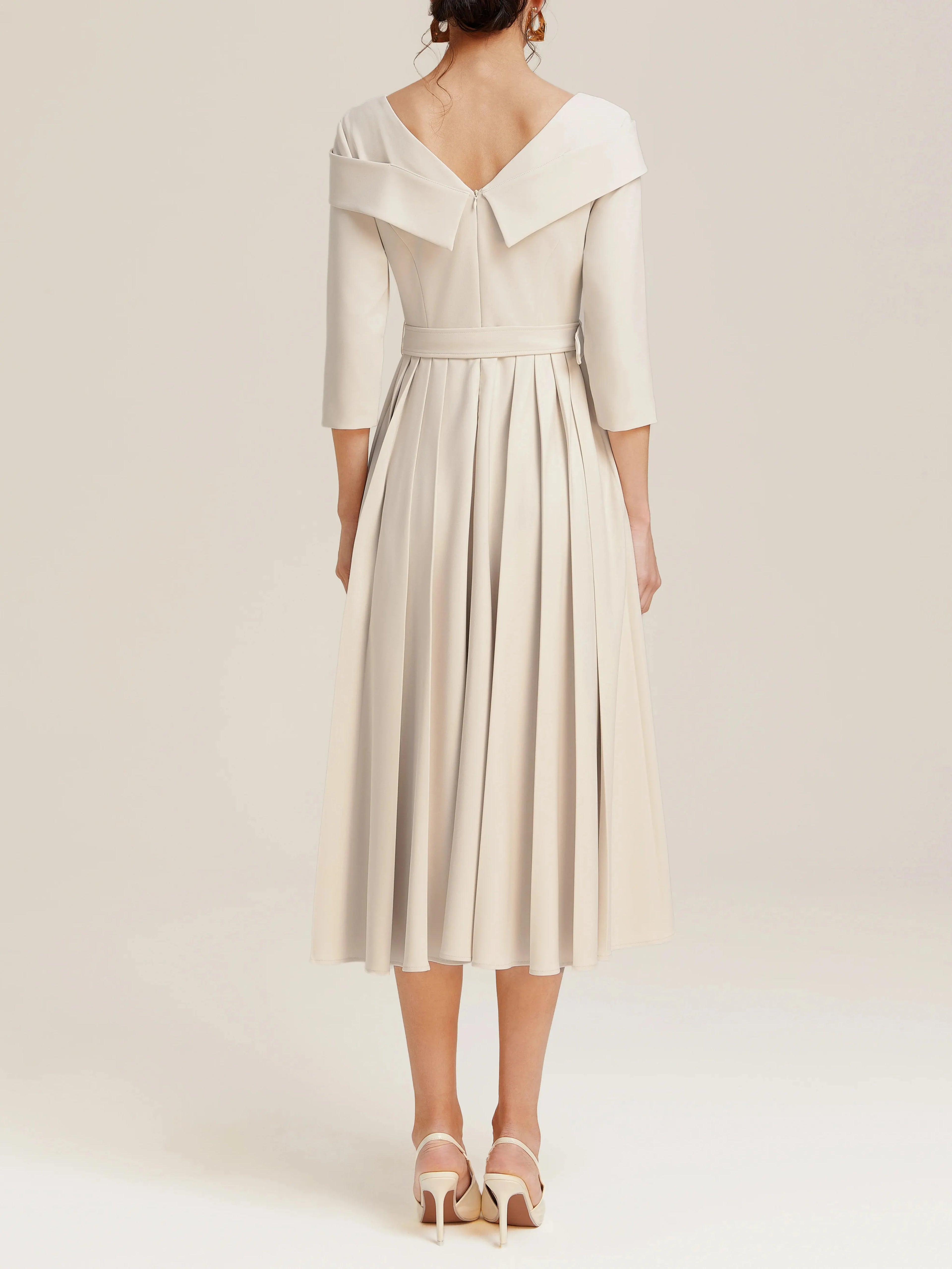 Off White Pleated Ruched Three Quarter Sleeve A-Line Maxi Dress