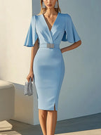 Light Blue Wide-Sleeve Sheath Dress with Silver Rhinestone Waistband