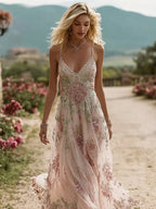 Vintage Boho Floral Embroidered Flowy Cami Maxi Dress