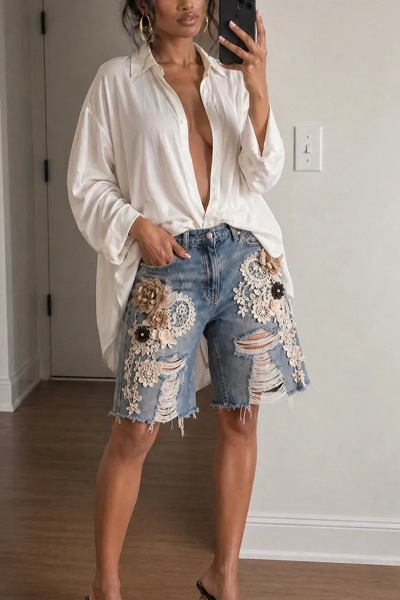 Women's Fashion 3D Floral Trim Ripped Cropped Jeans