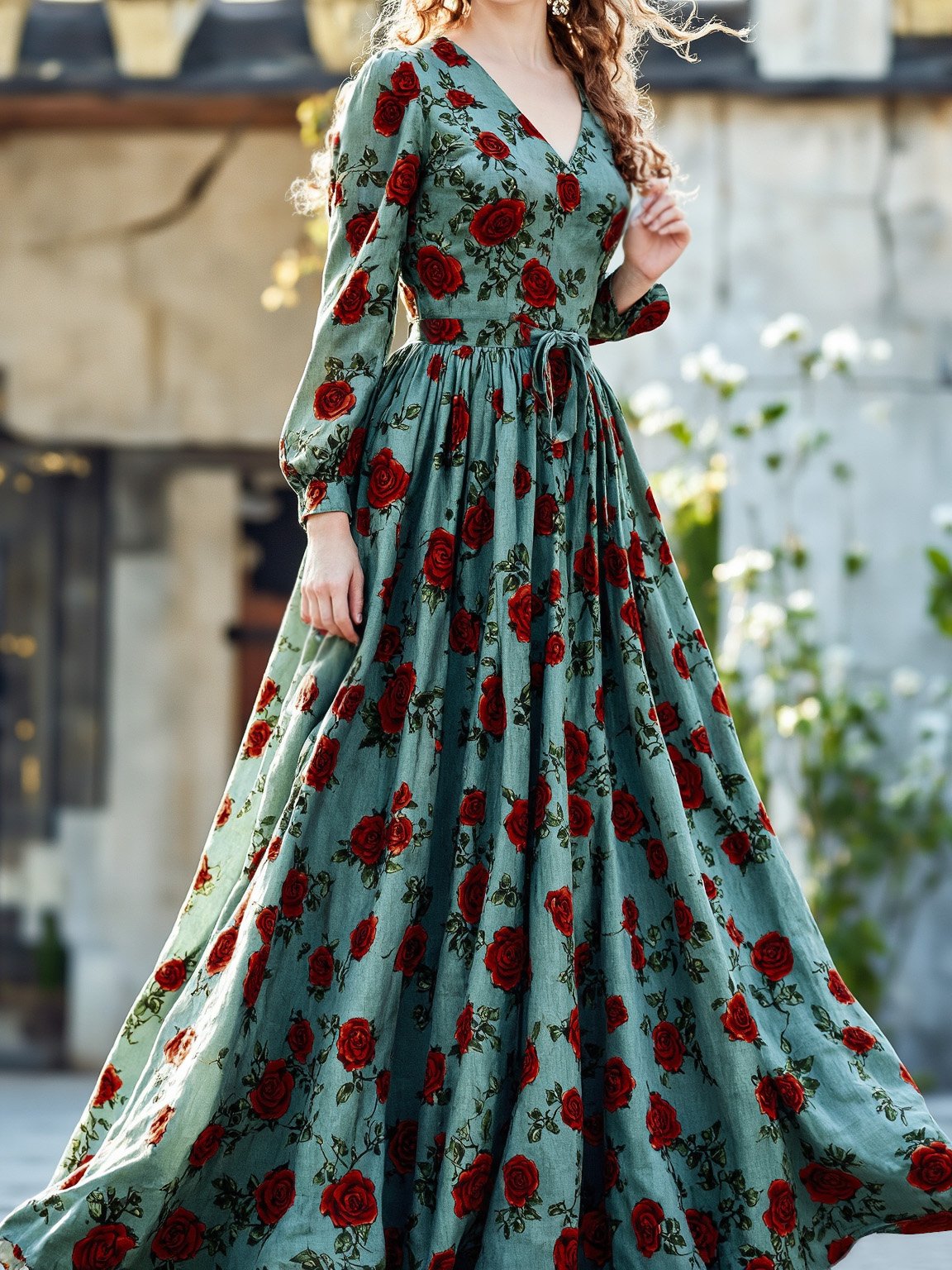 Maxi Linen Dress, Long Sleeves, V Neck, Floral, Belt Design, Vintage, Green