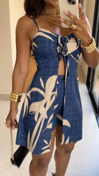 Blue Tropical Leaf Print Cutout Skort Set
