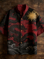Japanese Ocean & Dragon Totem Men's Linen Short Sleeve Shirt