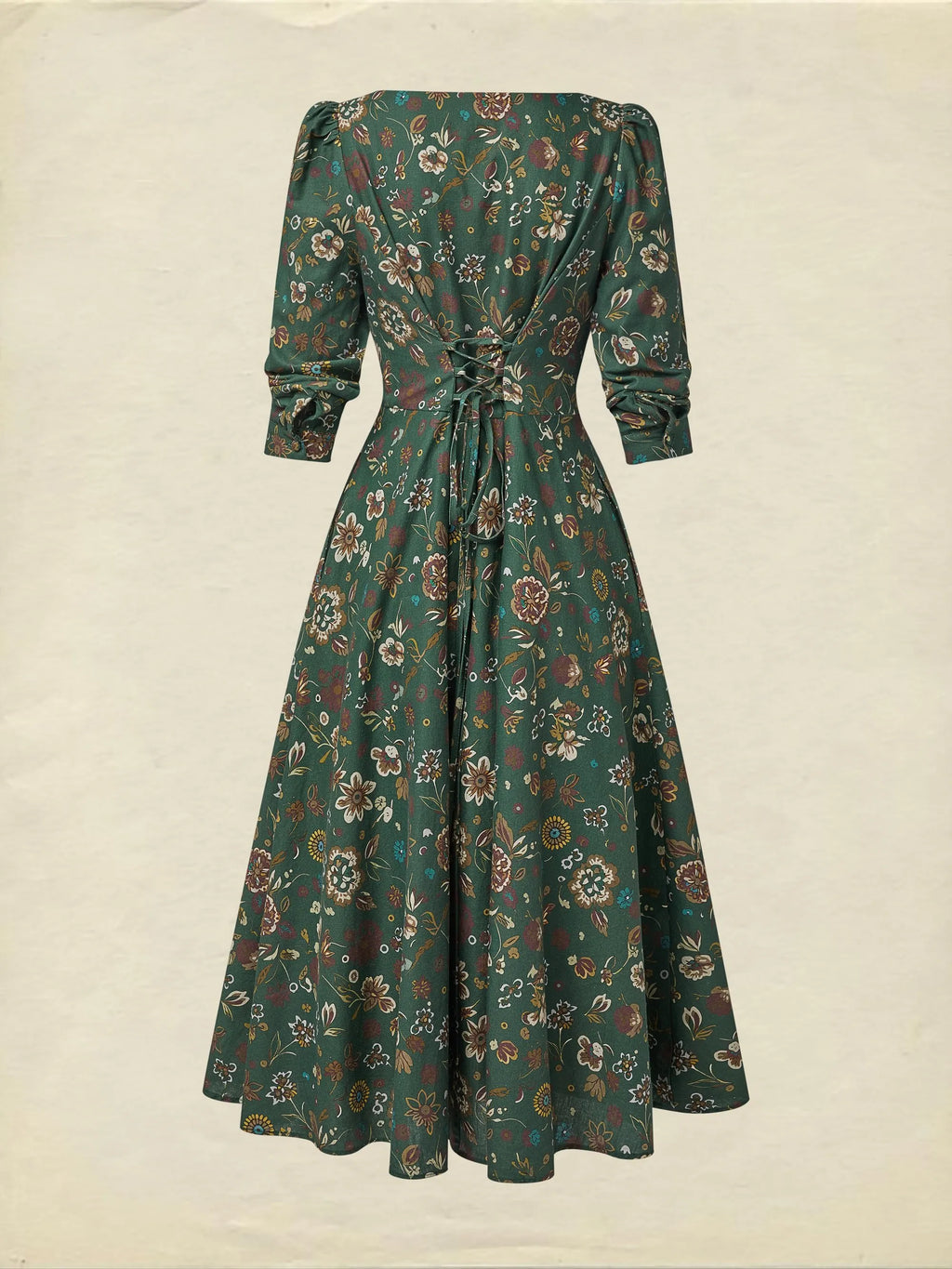 Midi Linen Dress, Long Sleeves, Square Neck, Paisley, Vintage, Green