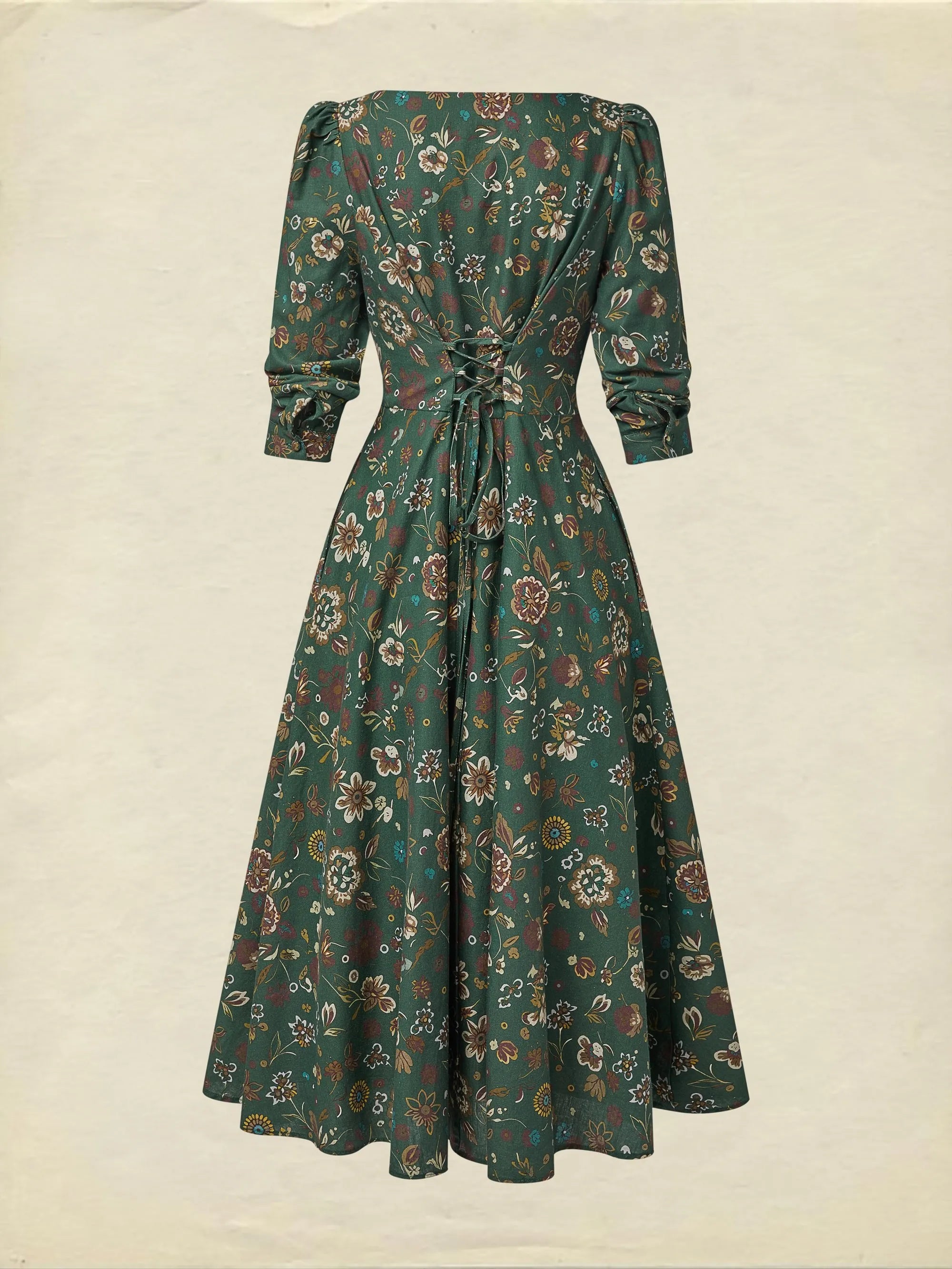 Midi Linen Dress, Long Sleeves, Square Neck, Paisley, Vintage, Green