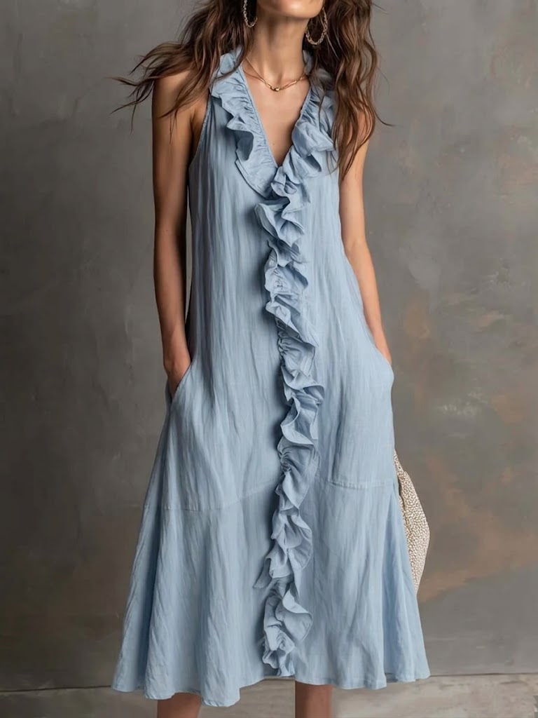 Casual Ruffle-collar Linen And Cotton Dress