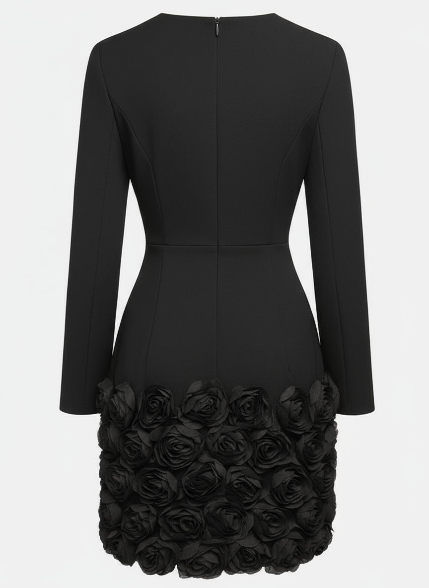 Navy Blue 3D Floral Classic V Neck Long Sleeve Sheath Mini Dress
