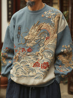 Men's Japanese Dragon And Wave Art Print Sweatshirt