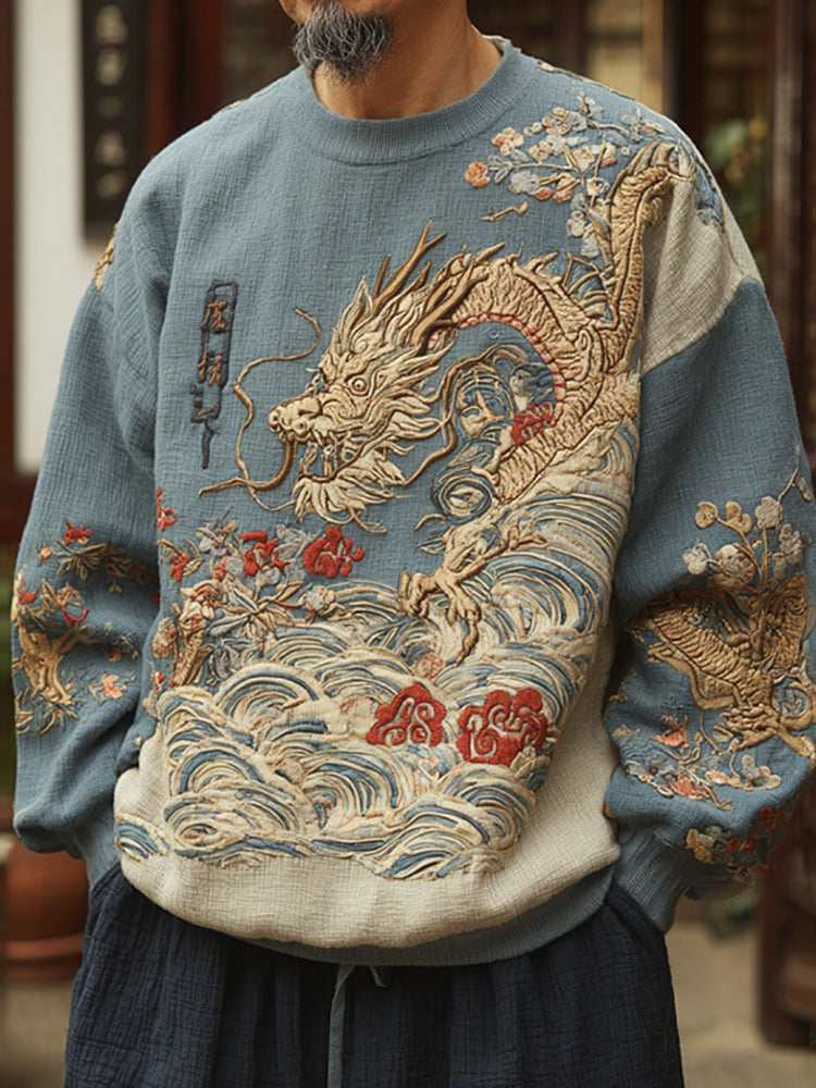 Men's Japanese Dragon And Wave Art Print Sweatshirt