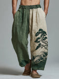 Men's Japanese Waves & Pine Embroidered Contrast Color Linen Pants
