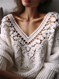 Vintage Floral Lace Pearls Beaded Crochet Sweater