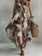 Bohemian Geometric Print Tie-Front Maxi Dress