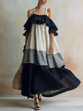 Cold Shoulder Ruffle Tiered Linen Maxi Dress | Color Block Boho Summer Gown