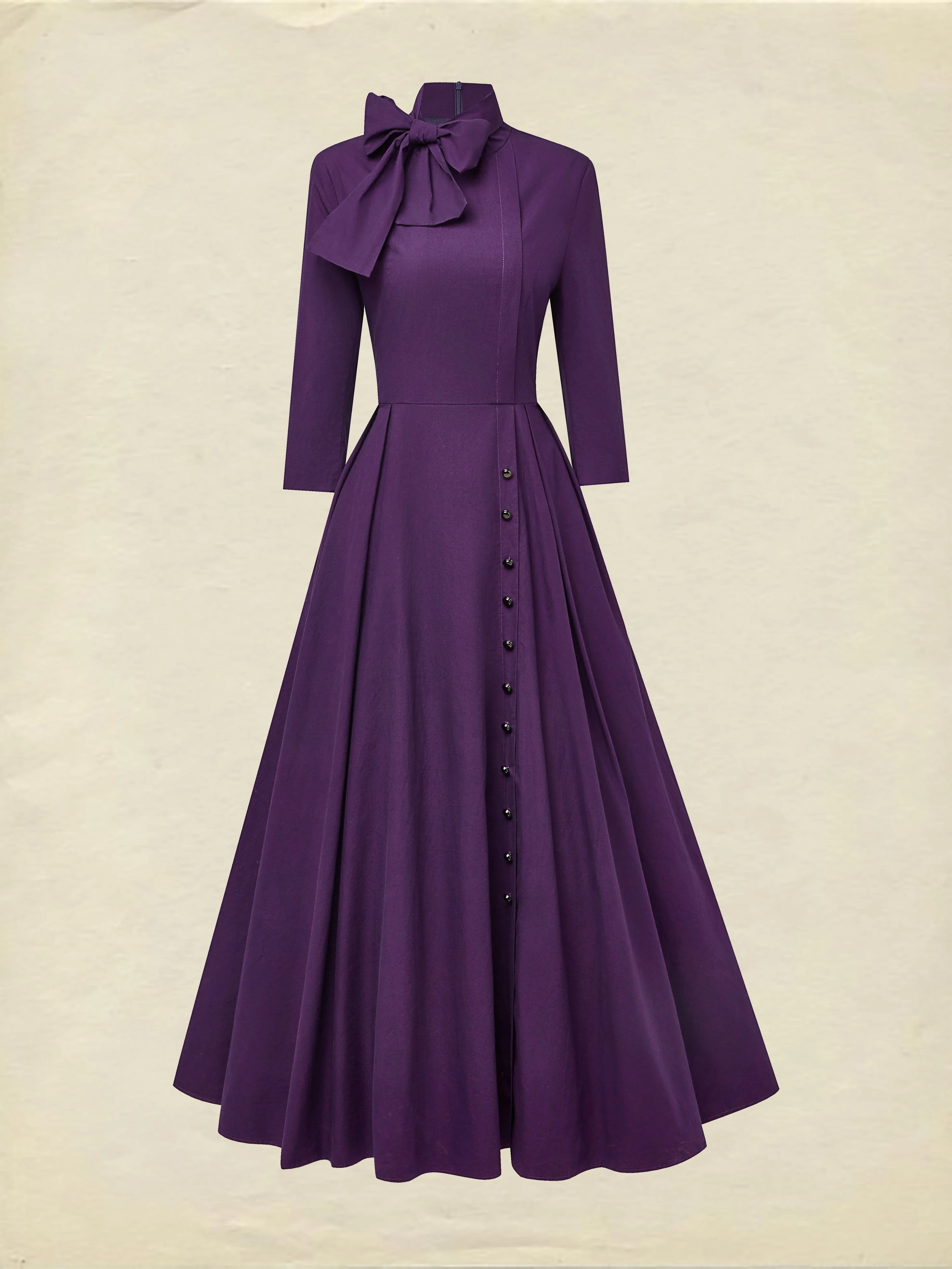 Maxi Cotton Dress, Half Sleeve, Turtleneck, Plain, Button Design, Vintage, Deep Purple, Halloween