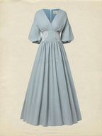 Maxi Cotton Dress, Half Sleeve, V Neck, Plaid, Lace, Vintage, Blue