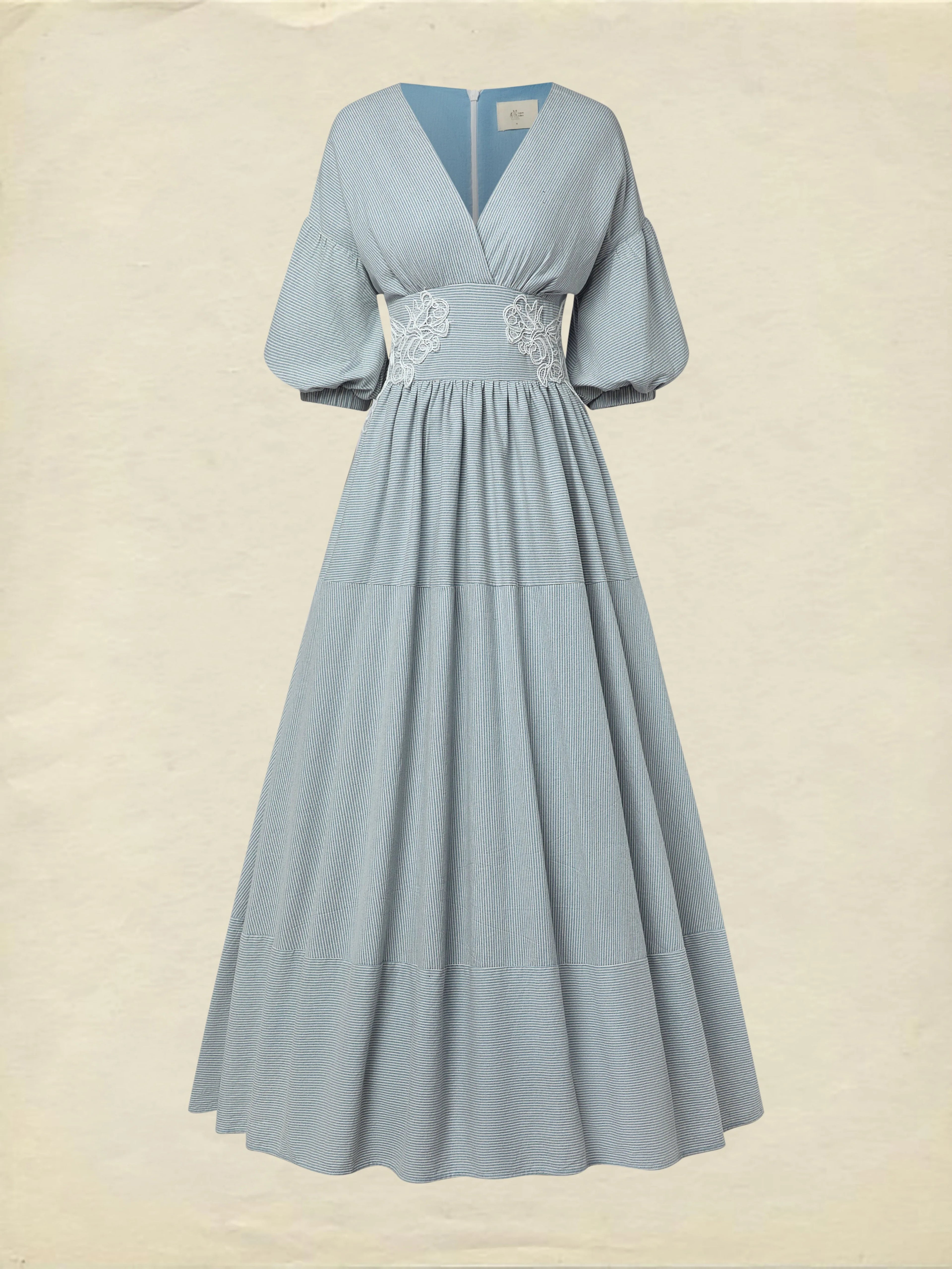 Maxi Cotton Dress, Half Sleeve, V Neck, Plaid, Lace, Vintage, Blue