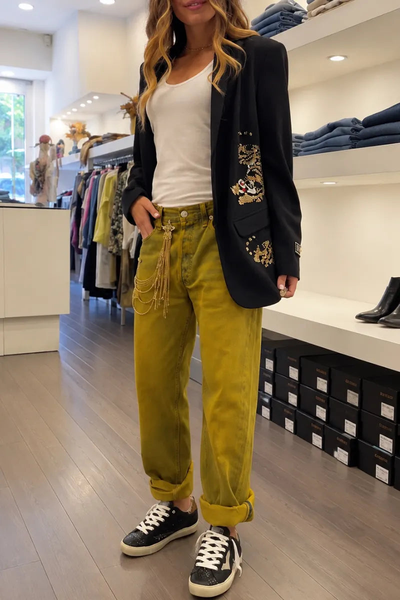 Embroidered Blazer Mustard Washed Denim Pants Outfit