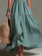 Bohemian Cotton-Linen Halter Smocked Tiered Maxi Dress
