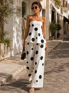 Cream Polka Dot Linen-Blend Strapless Top & Wide-Leg Pants Set
