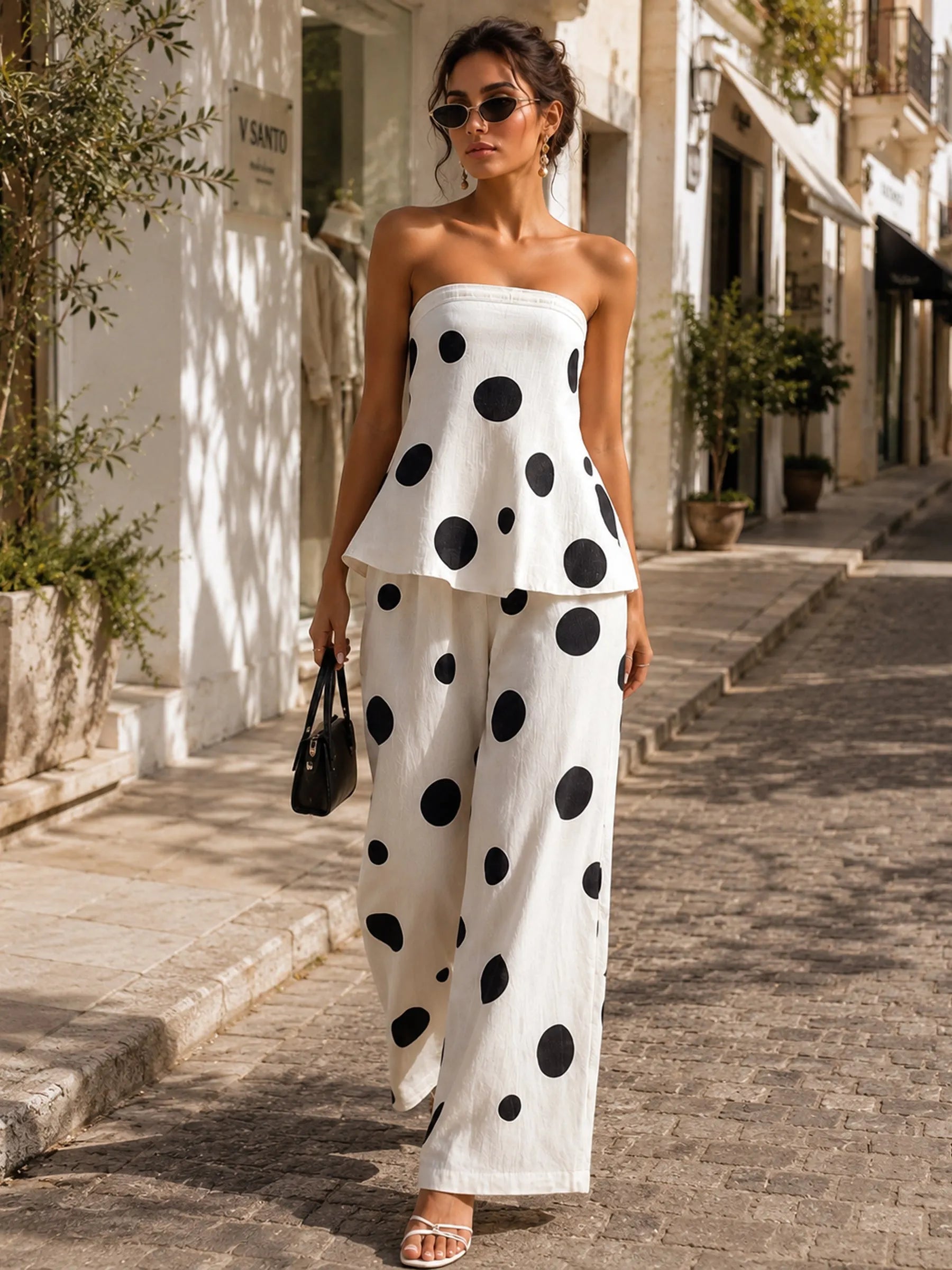 Cream Polka Dot Linen-Blend Strapless Top & Wide-Leg Pants Set
