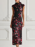 Black Red Cherry Blossom Print Maxi Dress
