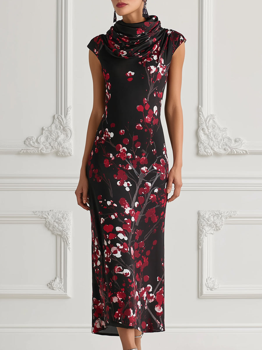 Black Red Cherry Blossom Print Maxi Dress