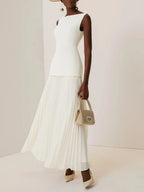 Off White Pleated Classic Boat Neck Sleeveless A-Line Floor-length Gown Dress