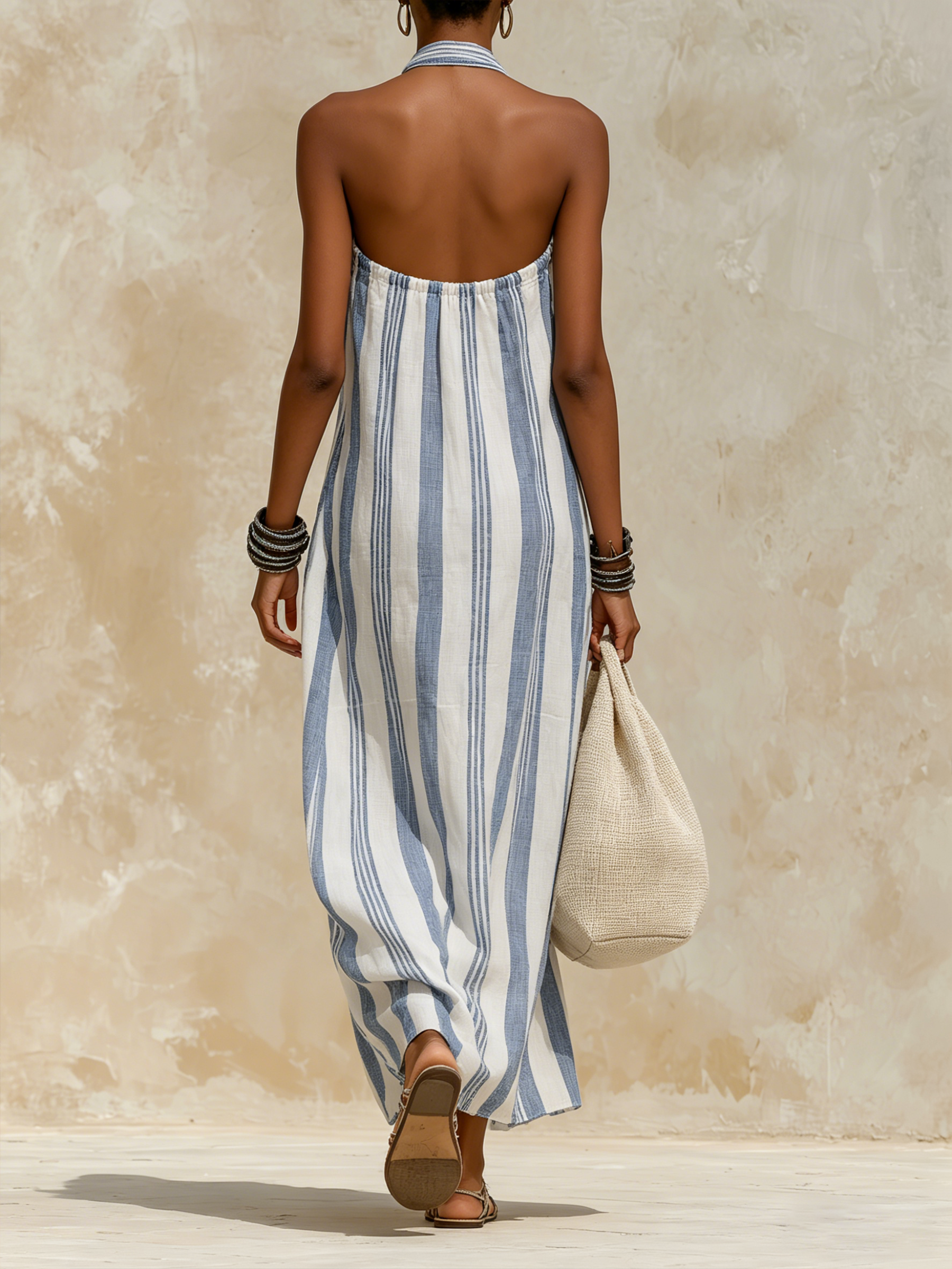 Nautical Striped Halter Maxi Dress - Breathable Linen-Blend Resort Wear