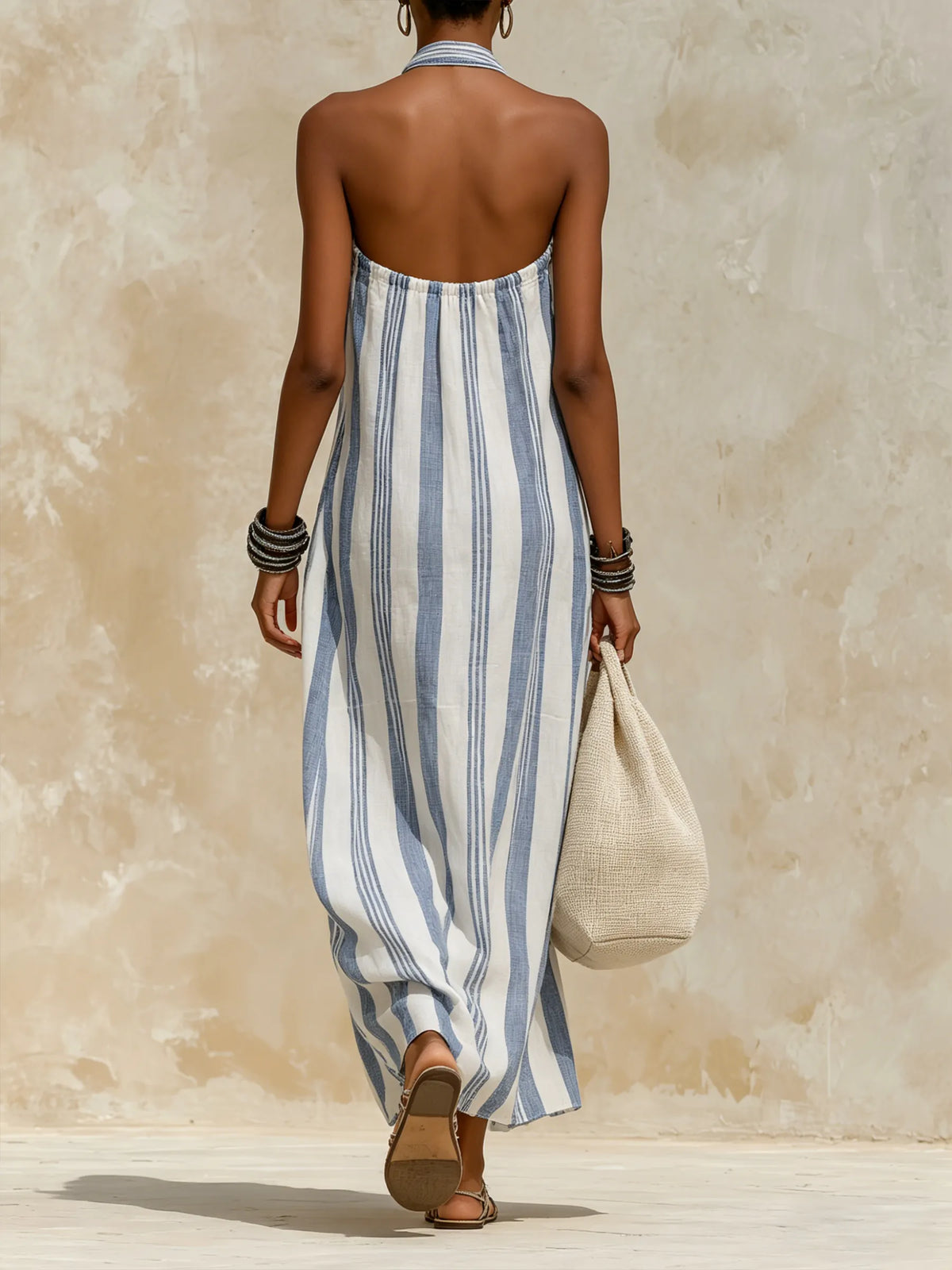 Nautical Striped Halter Maxi Dress - Breathable Linen-Blend Resort Wear