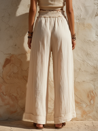 Beige Linen Blend High Waist Wide Leg Pants