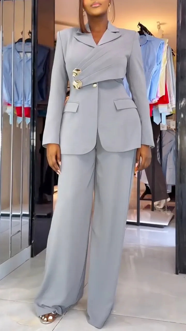 Wrap Detail Blazer & Wide Leg Pant Suit Set