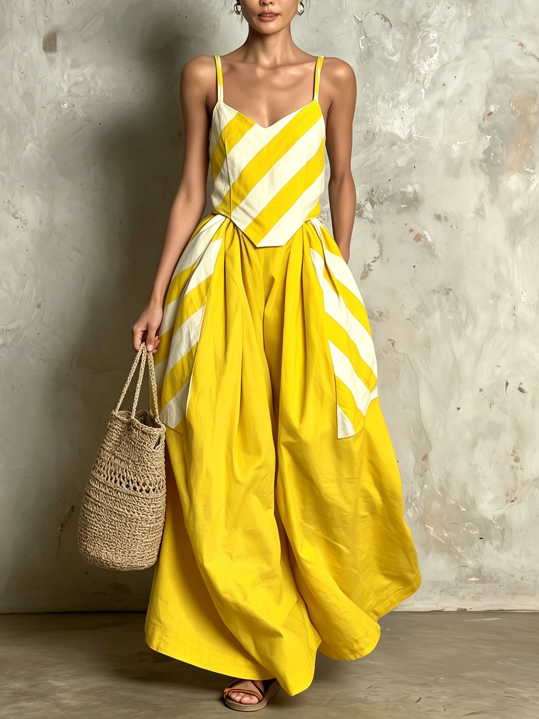 Yellow & White Striped Cami Top & Wide Leg Pants Set